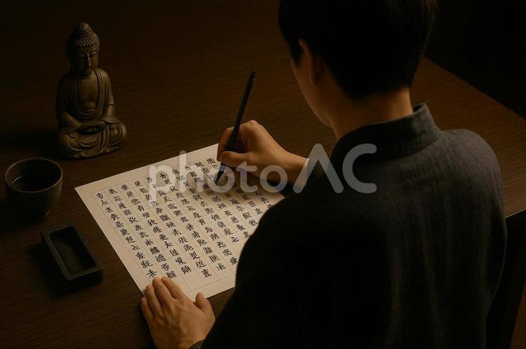 写経に集中する人の後ろ姿・仏教・精神統一 写経,仏教,精神統一の写真素材