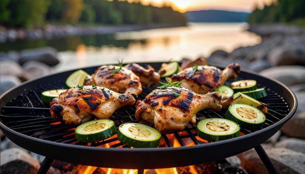 バーベキューで焼かれる鶏肉とズッキーニ バーベキューで焼かれる鶏肉とズッキーニの写真