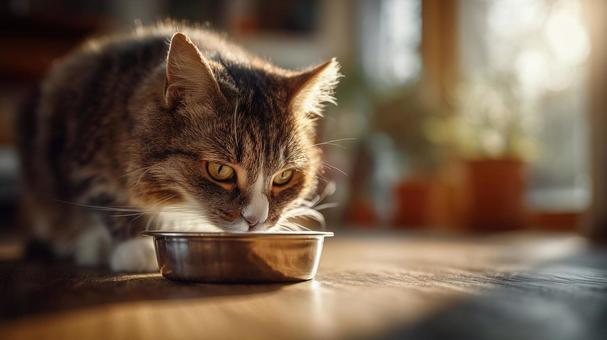 朝の光に包まれた猫の食事タイム 朝の光に包まれた猫の食事タイムの写真
