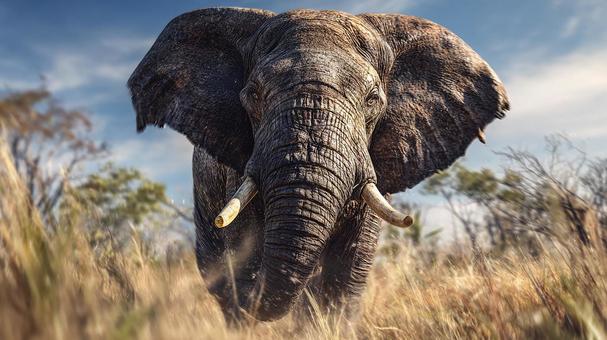 迫り来るアフリカゾウの正面の写真