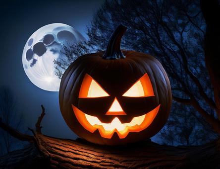 森の中のハロウィンのカボチャのランタンの写真