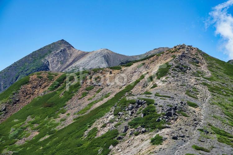青空と名峰乗鞍岳の全景 乗鞍岳,剣ヶ峰,朝日岳の写真素材