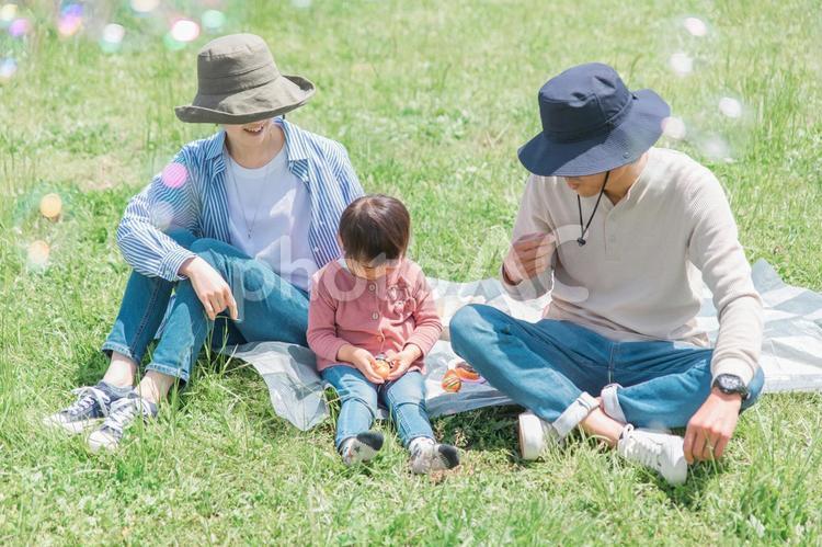 公園でピクニックする家族（シャボン玉） 家族,ピクニック,子供の写真素材