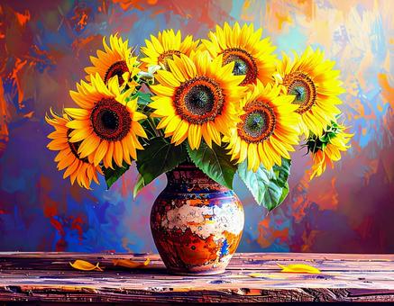 花瓶に咲くひまわりの静物画 花瓶に咲くひまわりの静物画の写真