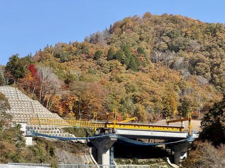 秋の九頭竜川上流　昼間　紅葉の山間 山,秋,紅葉の写真素材