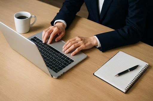 スーツ姿の男性がノートPCを操作している スーツ姿の男性がノートPCを操作しているの写真