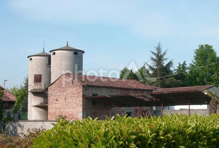 サイロがある北イタリアの酪農地帯の風景 酪農地帯,酪農,サイロの写真素材