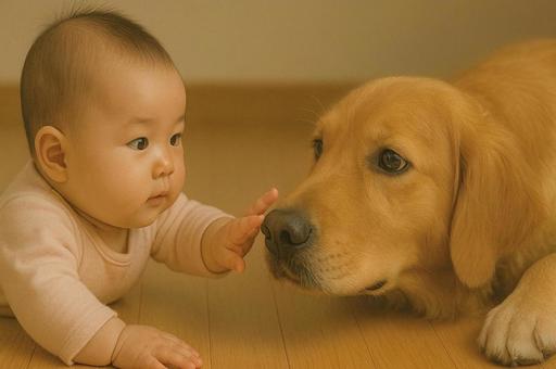 犬を触る赤ちゃん 犬を触る赤ちゃんの写真