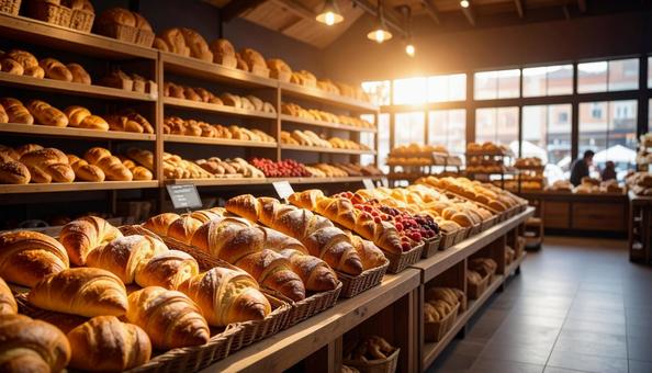 パン屋に並べられるたくさんのパン パン屋に並べられるたくさんのパンの写真