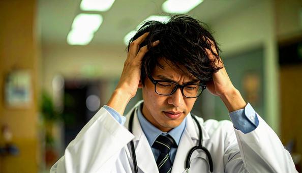 頭をぐしゃぐしゃにして悩む日本人男性医師 頭をぐしゃぐしゃにして悩む日本人男性医師の写真