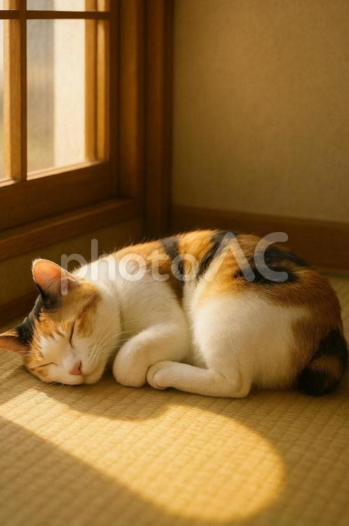和室で日光を浴びながら昼寝する三毛猫 猫,ネコ,和室の写真素材