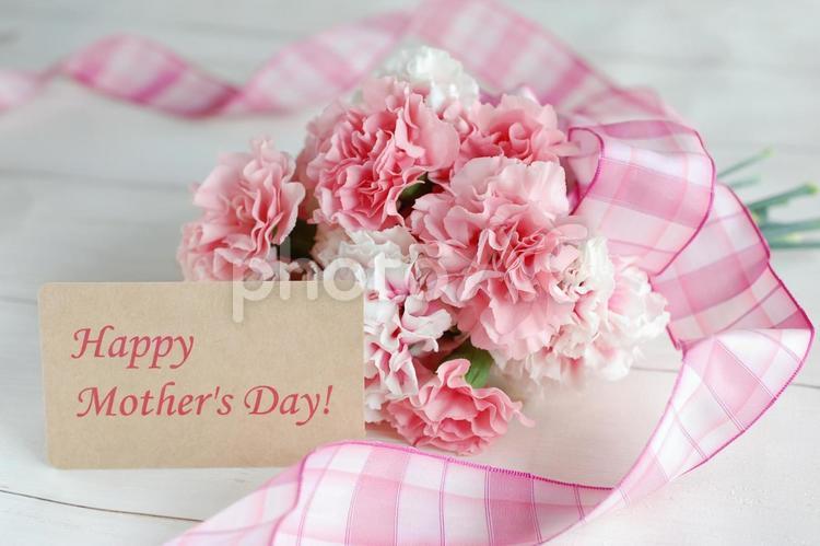 カーネーション花束とリボンとメッセージ② 母の日,カーネーション,花の写真素材