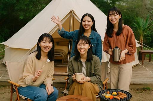 グランピングをする女性4人組 グランピングをする女性4人組の写真