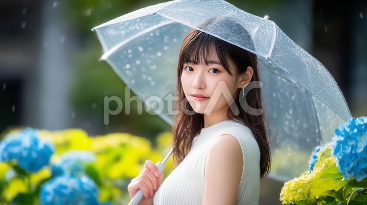 アジサイを背景に傘をさす女性 梅雨,紫陽花,アジサイの写真素材