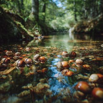 森の小川に浮かぶ新鮮などんぐり 森の小川に浮かぶ新鮮などんぐりの写真