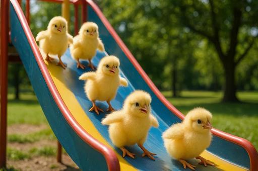 公園の滑り台で遊ぶひよこたち 公園の滑り台で遊ぶひよこたちの写真