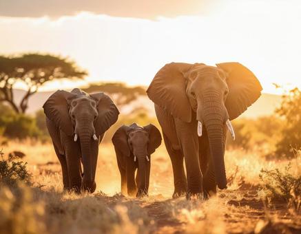 象の親子 夕暮れ時のサバンナを歩く2 象の親子 夕暮れ時のサバンナを歩く2の写真