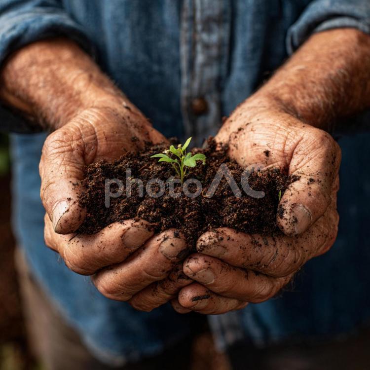 新芽と土を持つ男性の手 芽,新芽,植物の写真素材