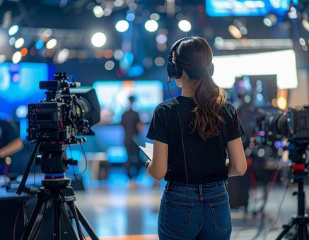 インカムで話すアシスタントディレクターの写真