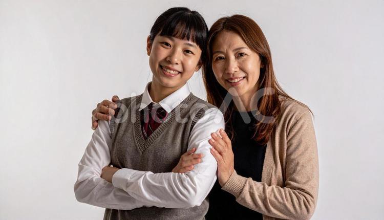 仲良しの制服の子供と母親のポートレート 制服,女性,ブレザーの写真素材