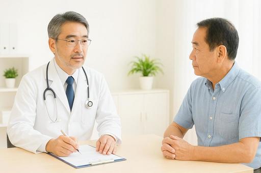 中年男性を診る男性医師 中年男性を診る男性医師の写真
