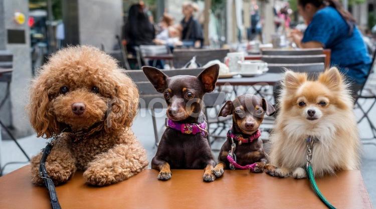 カフェのテラス席にいる4匹の小型犬・多頭 犬,小型犬,カフェの写真素材