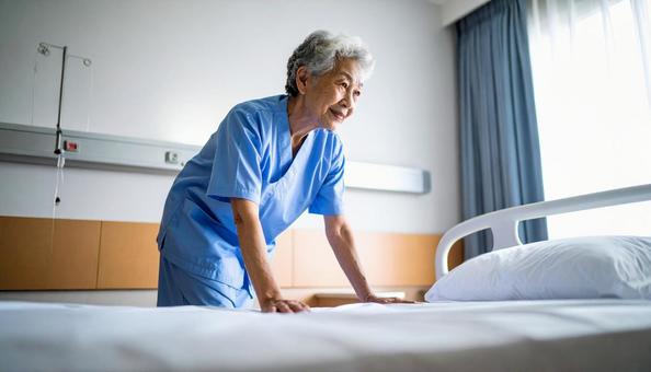 慎重にベッドから降りる高齢女性患者 慎重にベッドから降りる高齢女性患者の写真
