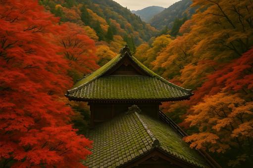 紅葉に包まれた寺 紅葉に包まれた寺の写真
