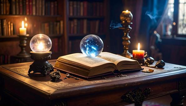 暗い室内と魔法書と丸水晶がある風景の写真