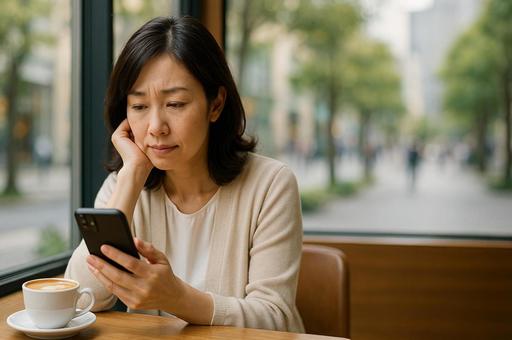 スマホを見て悩む中年女性 スマホを見て悩む中年女性の写真