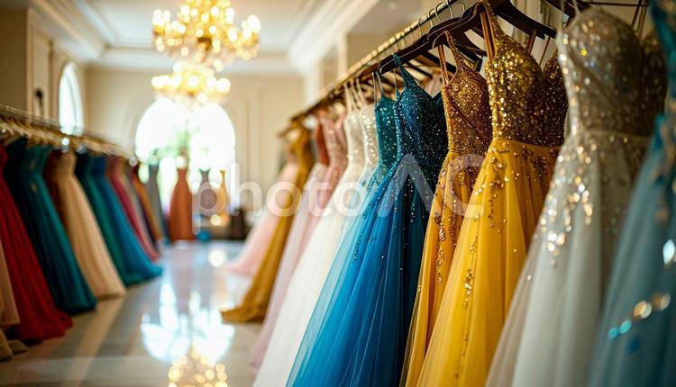 ドレスがかかる結婚式場のドレスルーム ドレスルーム,結婚式場,シャンデリアの写真素材