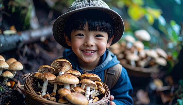 きのこ狩り キノコを収穫して笑顔の男の子 きのこ狩り キノコを収穫して笑顔の男の子の写真