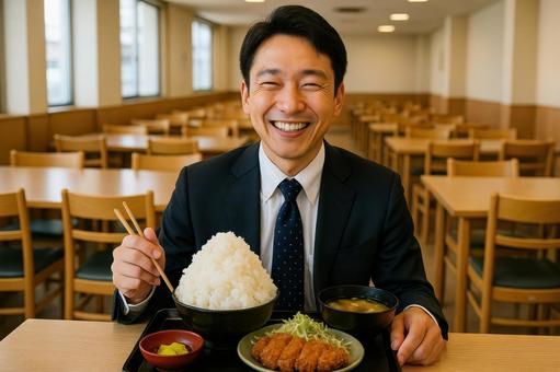 ご飯山盛りの定食を前に笑顔のサラリーマン ご飯山盛りの定食を前に笑顔のサラリーマンの写真