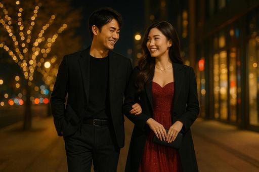 イルミネーションを背景にデートする男女 イルミネーションを背景にデートする男女の写真