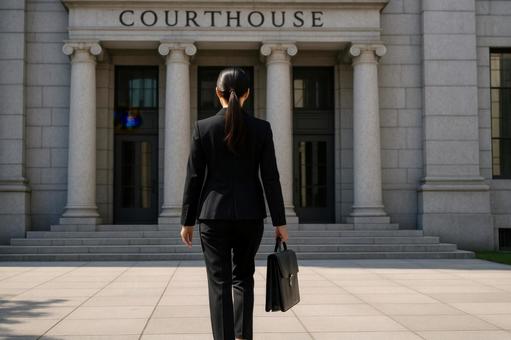 裁判室に入る女性証人 裁判室に入る女性証人の写真