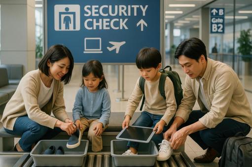 空港のセキュリティチェックをする家族 空港のセキュリティチェックをする家族の写真