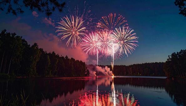 湖畔の花火 湖畔の花火の写真