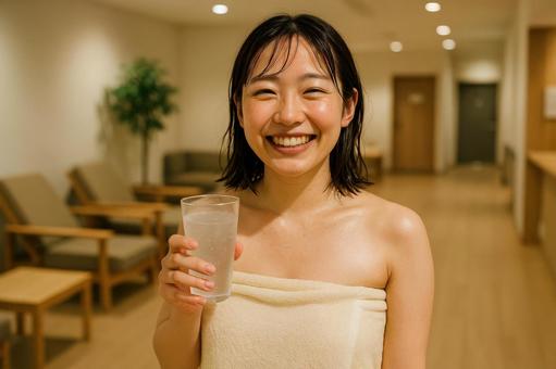 サウナ終わりに笑顔で一枚 サウナ終わりに笑顔で一枚の写真