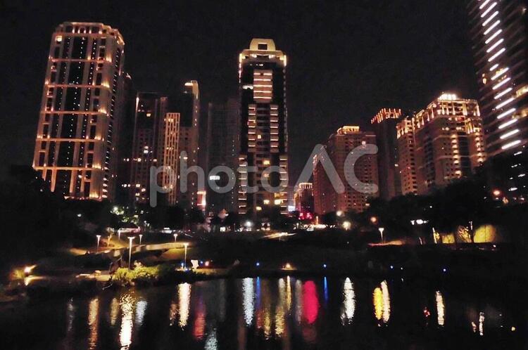夜景 秋紅谷生態公園,夜景,オフィス街の写真素材