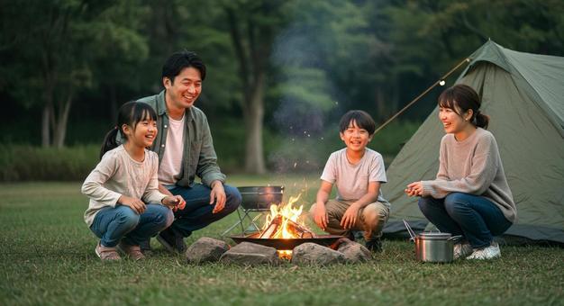 キャンプをする家族 キャンプをする家族の写真