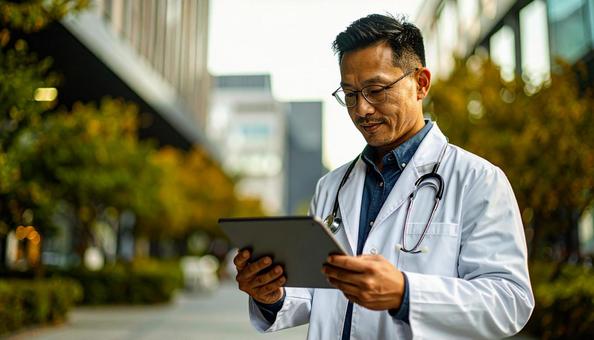 タブレットを操作する白衣を着た男性医師の写真