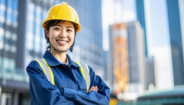 高層ビルの背景に作業服の笑顔の若い女性 高層ビルの背景に作業服の笑顔の若い女性の写真