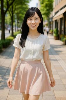 街の並木道を歩く黒髪の女性 街の並木道を歩く黒髪の女性の写真