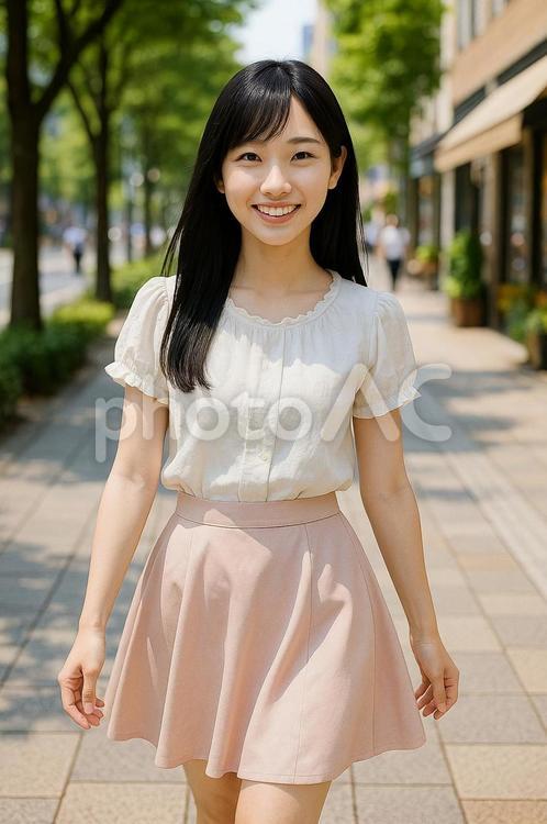 街の並木道を歩く黒髪の女性 女性,笑顔,歩くの写真素材