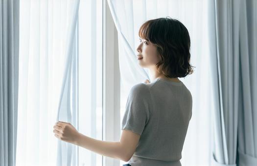 Photo, female, morning, curtain, 