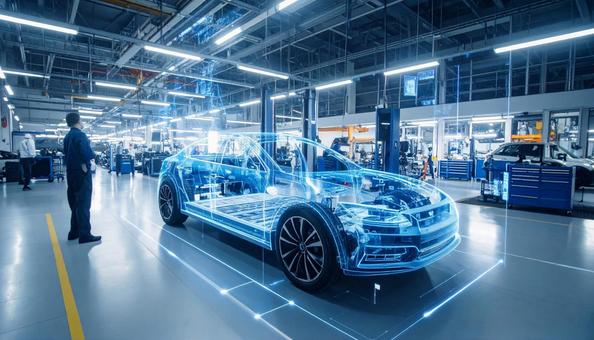 車にホログラムが投影されている整備工場の写真