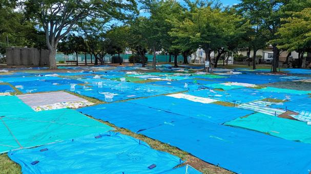 花火大会の場所取り 花火大会の場所取り 場所取り,ブルーシート,花火大会の写真素材