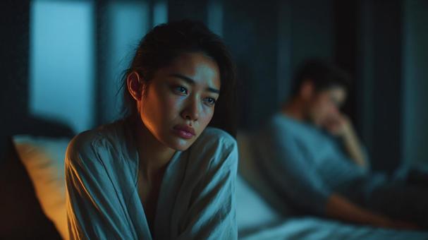 暗闇の中で考える女性の写真