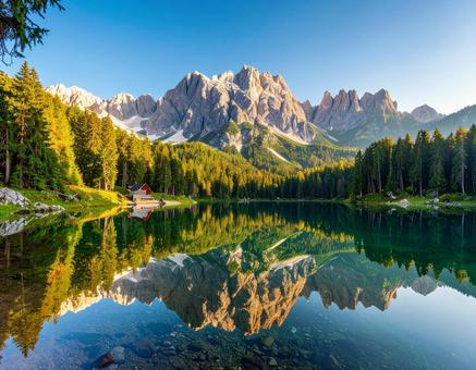 静かな湖の水面に反射する山の景色 絶景1 静かな湖の水面に反射する山の景色 絶景1の写真
