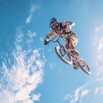 屋外で高く飛ぶプロBMXスタントライダー 屋外で高く飛ぶプロBMXスタントライダーの写真
